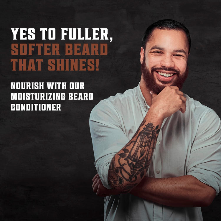 Bearded man with a smile promotes Sandalwood Beard Conditioner 33.8 fl oz on dark background.