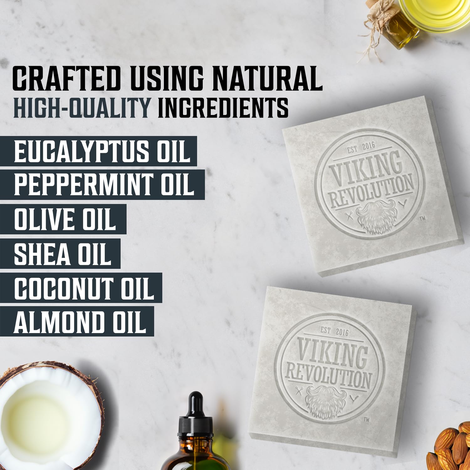 Explore our Viking-themed branding with the Peppermint Natural Soap for Men - Cold Pressed Bar Soap for Men 2pk, crafted from natural ingredients. This peppermint and eucalyptus soap is free from sulfates and parabens, set against a light background to highlight its purity.