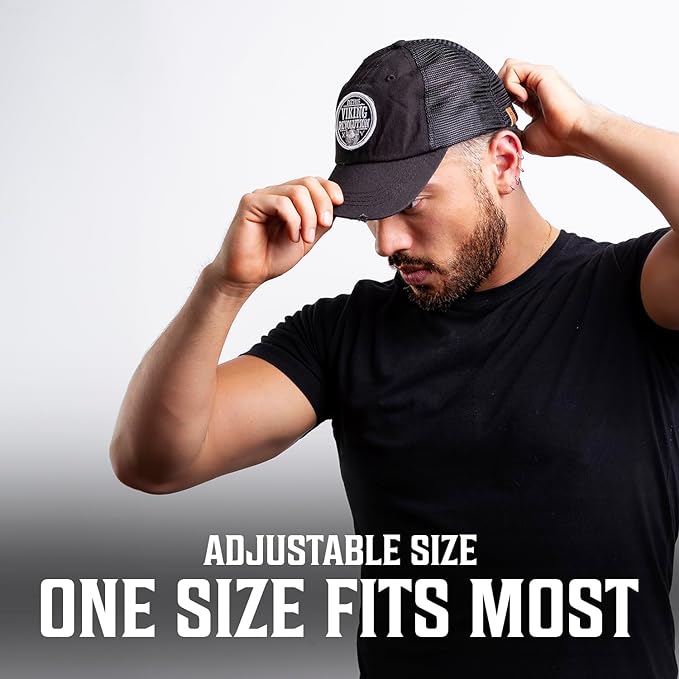 A man wearing a black cap adjusts its fit; text reads Adjustable Size: One Size Fits Most. This Trucker hat for men from Viking Revolution combines comfort and style, making it an essential addition to any collection of men's hats.