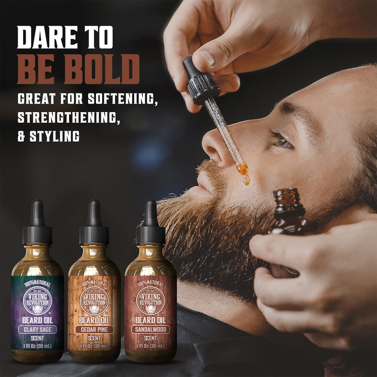 Man using beard oil, three bottles ahead: Dare to be bold with natural ingredients—3 Pack Beard Oil Mix.