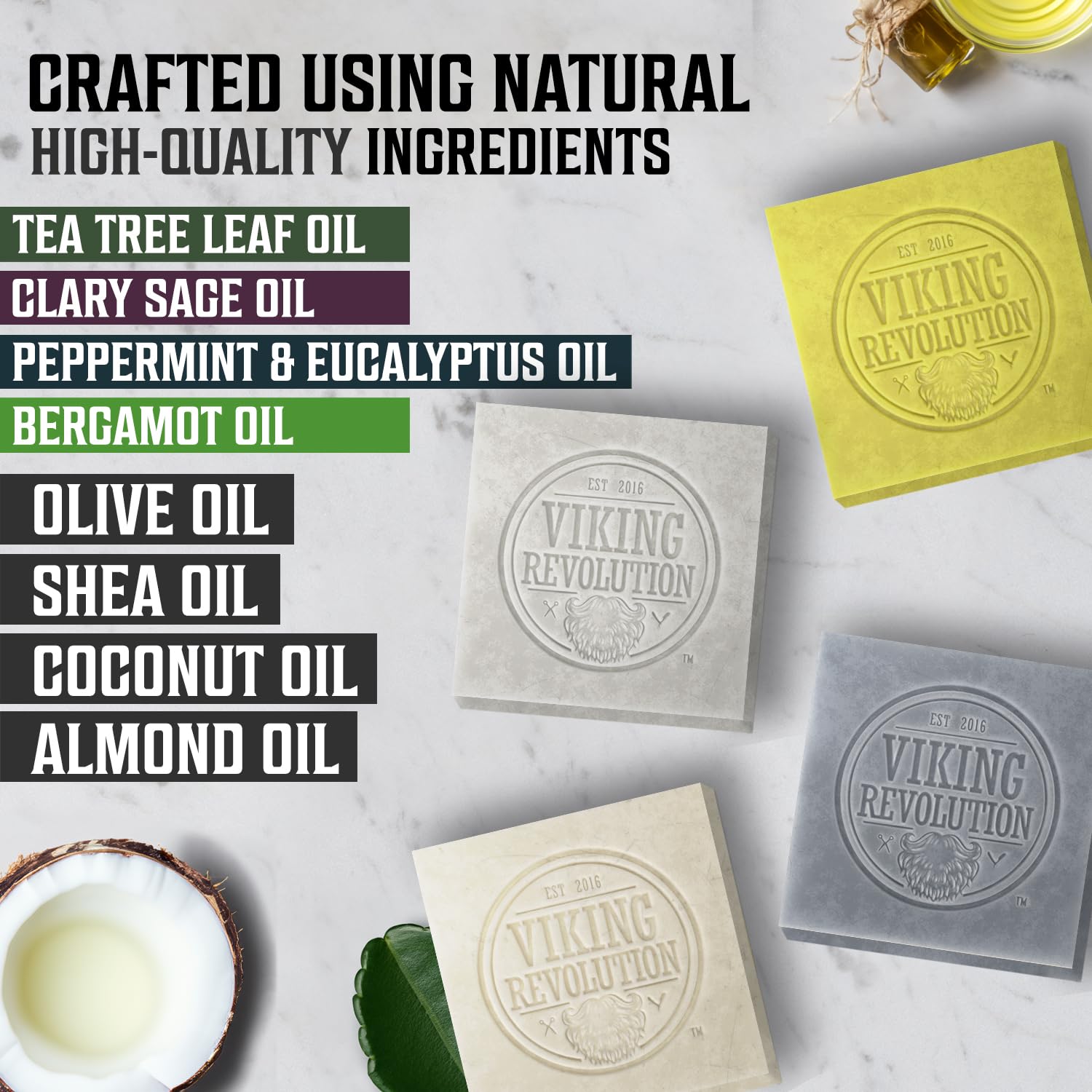 Natural mens soap bars with tea tree, sage, peppermint, eucalyptus, and bergamot for aromatherapy on marble.