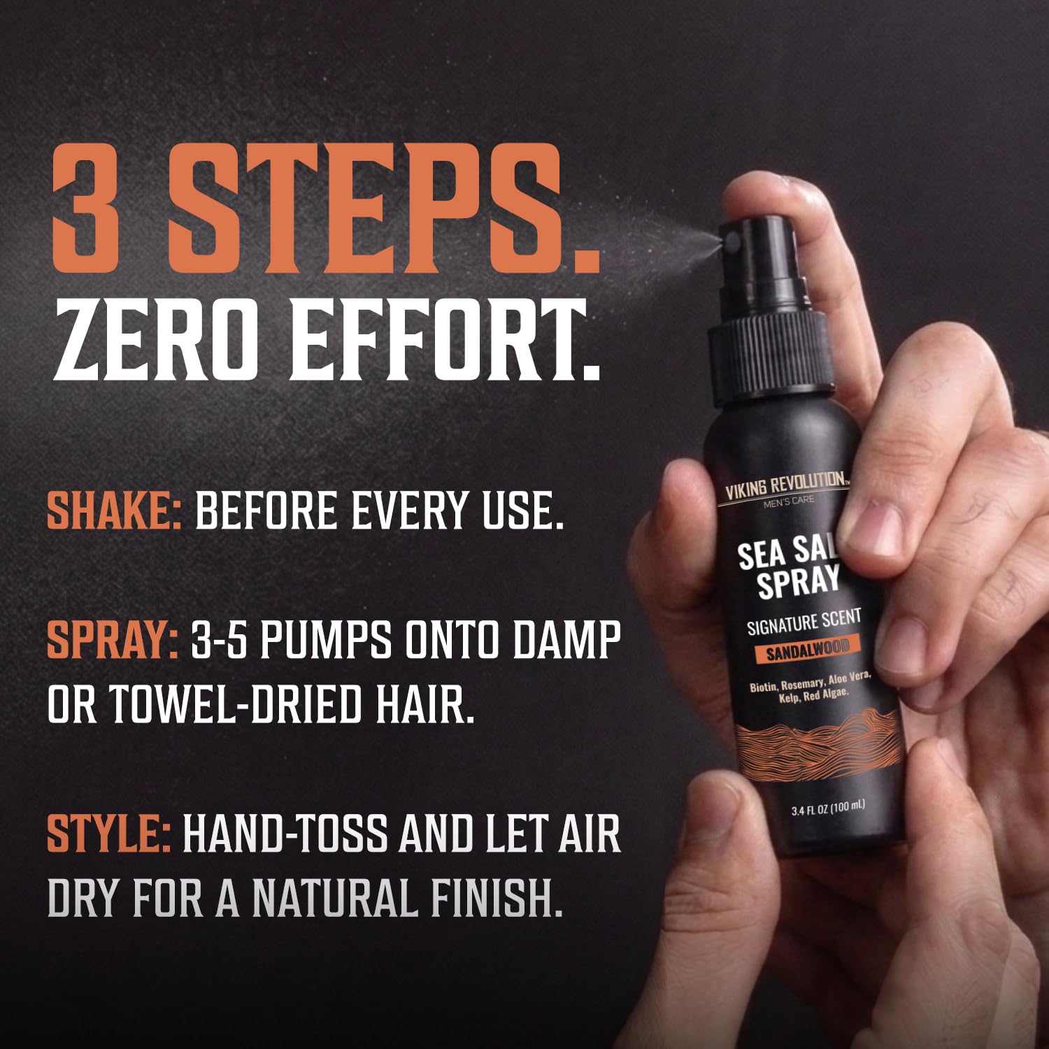Shake, spray, and style with Sandalwood Sea Salt Spray for Men for effortless, voluminous surfer hair.