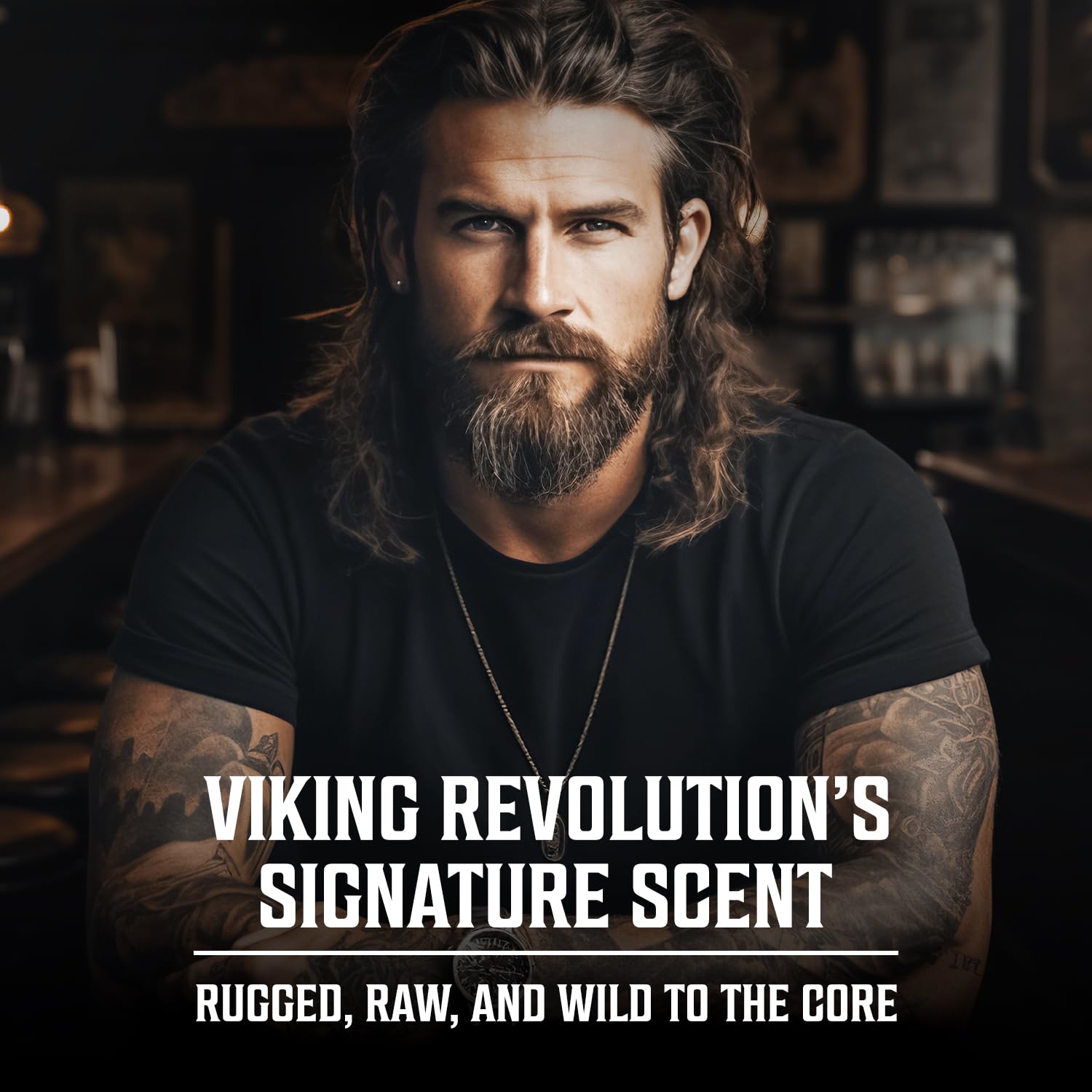 A bearded man at a bar with text: Palo Santo Eau de Parfum 3.4 Fl Oz—raw, wild, and rugged.