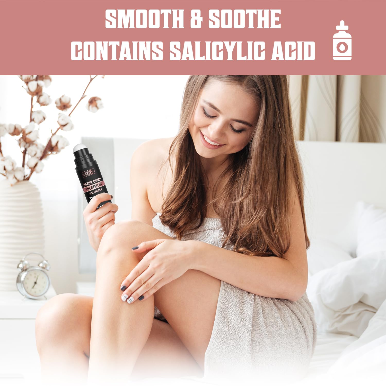 A woman applies lotion on her leg with the text "Smooth & Soothe." The Razor Bumps Treatment for Women is ideal for treating ingrown hairs and includes Salicylic Acid to effectively relieve razor bumps.