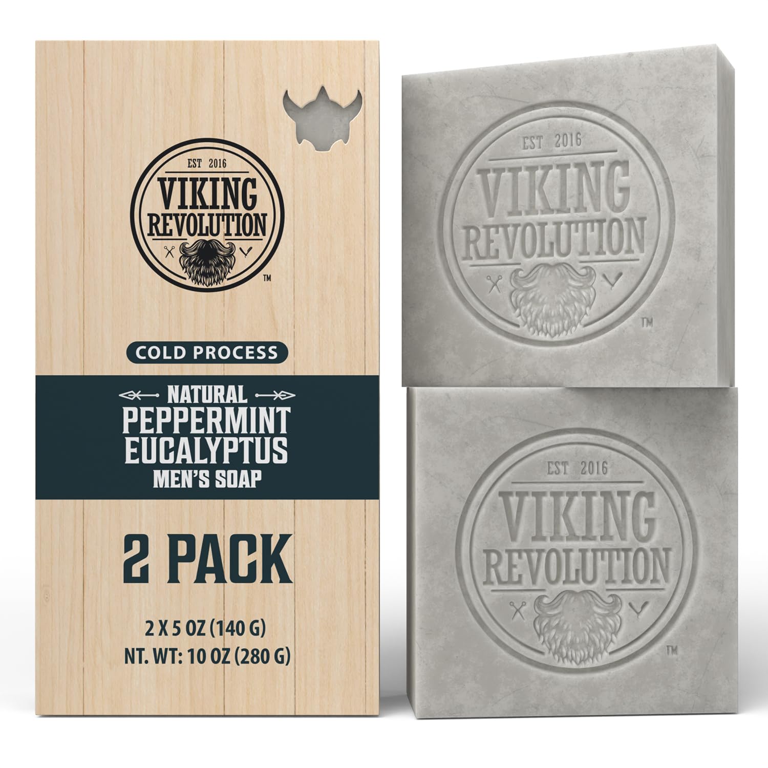 Two bars from the Peppermint Natural Soap for Men 2-pack, featuring cold-pressed soap with a peppermint and eucalyptus scent, free of sulfates and parabens, come complete with packaging.