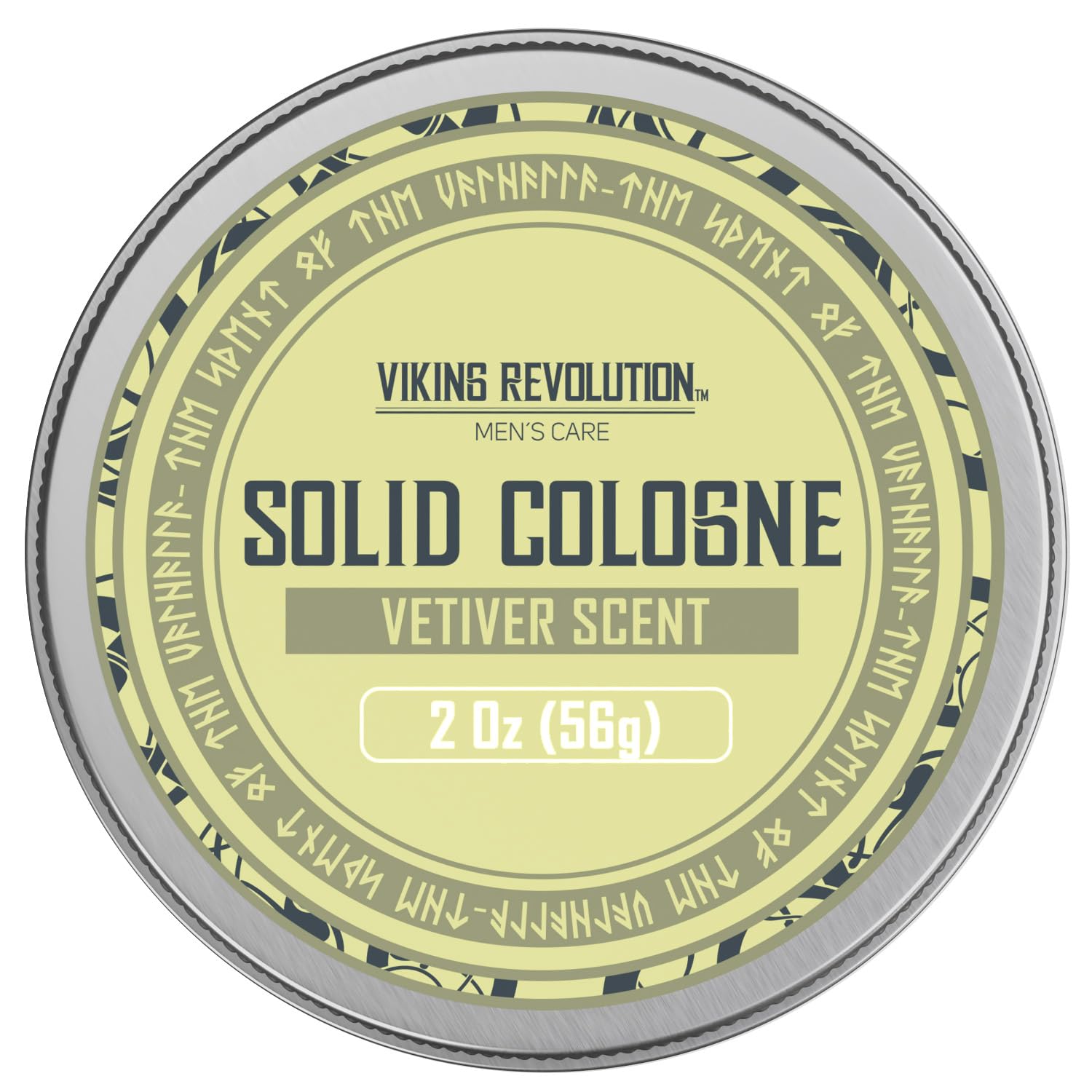 Solid Cologne 2 Oz Single Vetiver, packaged in a round metal tin with a Vetiver Scent label and adorned with an elegant runic design, makes an ideal gift for men who value sophistication in their fragrance collection.