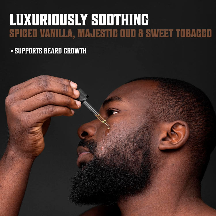 Man applying beard oil from 3 Pack Beard Oil Mix for frizz-free growth with Argan & Jojoba oils.