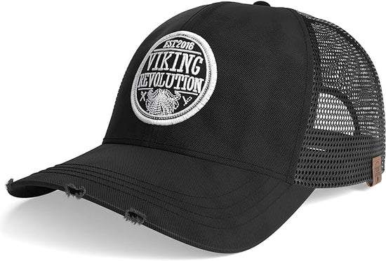 Viking Revolution Black Trucker Hat for Men - Mesh Black Hats for Men Baseball Cap Distressed with Velcro Adjustable Dad Hat