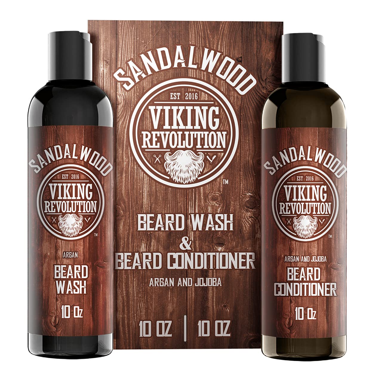 Indulge in premium facial hair care with the Viking Revolution - Sandalwood Beard Wash & Conditioner Set. Each 10 oz bottle is elegantly designed with wood-themed labels, enhancing both your beard and grooming routine.