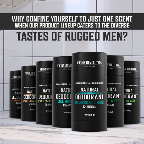 Explore our range of men's deodorants set in a sophisticated bathroom ambiance. Highlighting the revitalizing Majestic Oud Deodorant for Men, with its exotic oud scent and invigorating charcoal formula, each product is designed to be aluminum-free, offering a fresh and natural feel throughout the day.