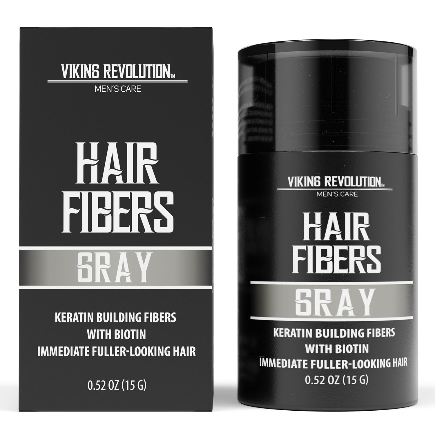 The packaging for Gray Hair Fibers for Thinning Hair features bold text emphasizing the use of natural keratin, making it perfect hair building fibers for men aiming for a fuller appearance.