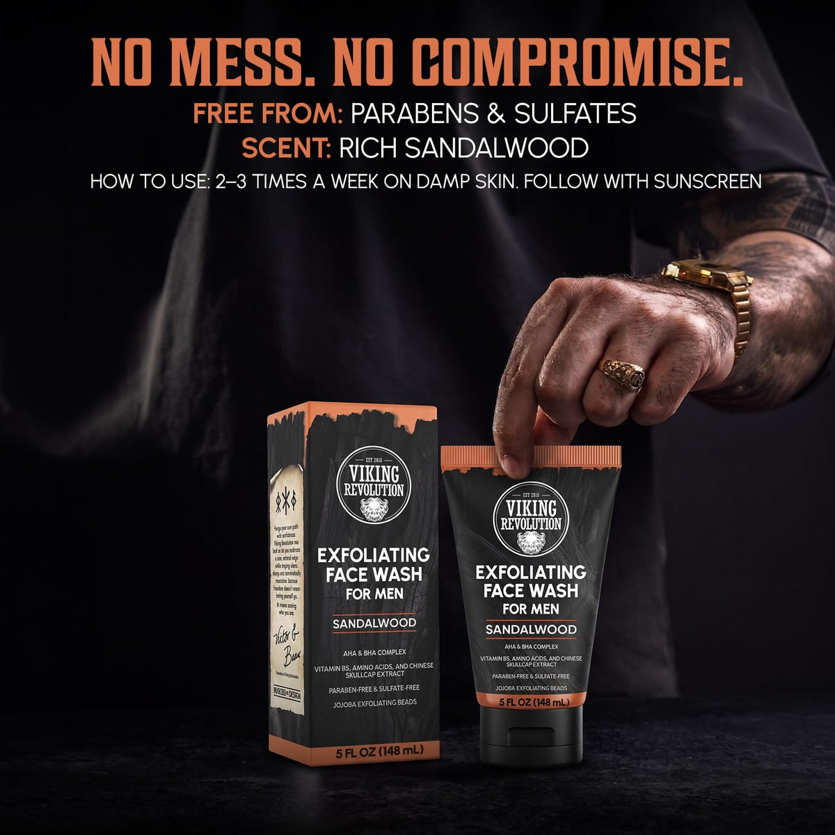 Man holds Exfoliating Face Wash for Men—AHA BHA, 5 oz, Sandalwood Scent; box and tube visible.