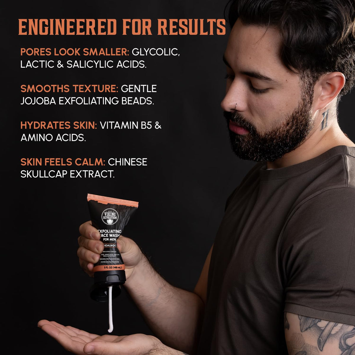 Man using Exfoliating Face Wash for Men, Sandalwood Scent, for smoother, hydrated, calmer skin.