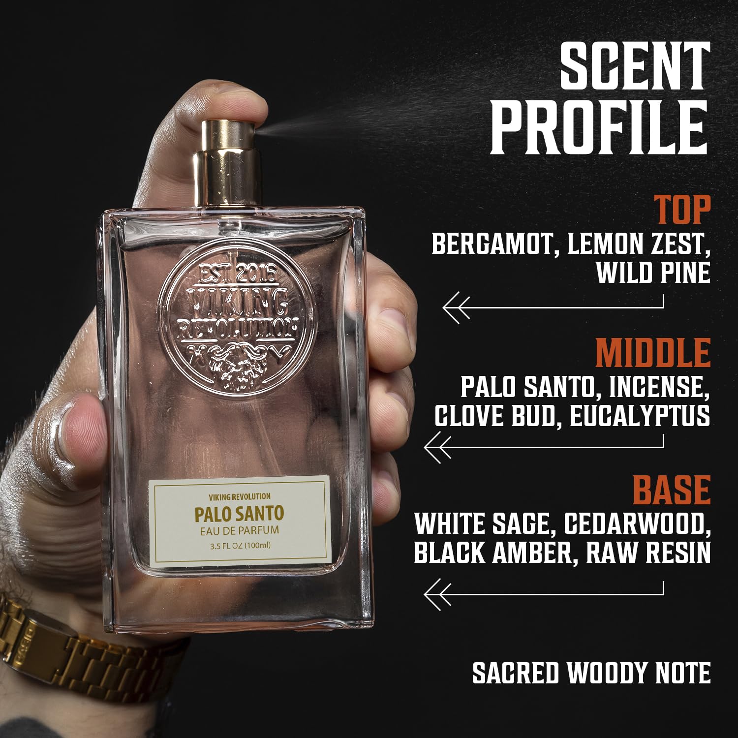 Palo Santo Eau de Parfum 3.4 Fl Oz—cedarwood notes on a sleek black background, hand spraying fragrance.