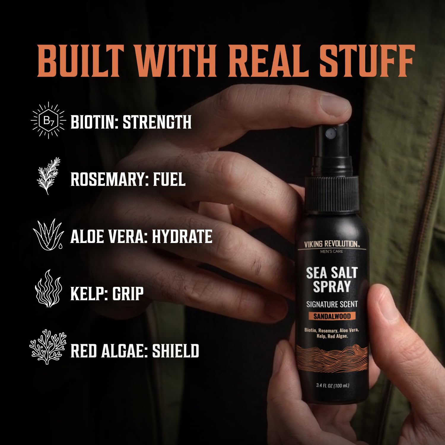 Hands hold Sandalwood Sea Salt Spray; text touts biotin, rosemary, and aloe for effortless surfer hair.