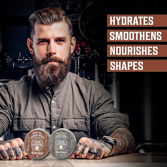 Bearded man in a barbershop using Beard Balm - 2 Pack to hydrate, smooth, nourish, and shape his beard.