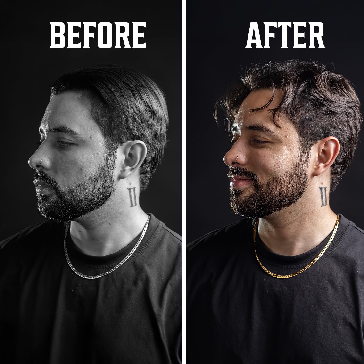 Before and after using Hair Paste for Men - Sandalwood Scented (3.5oz) for a stylish haircut.