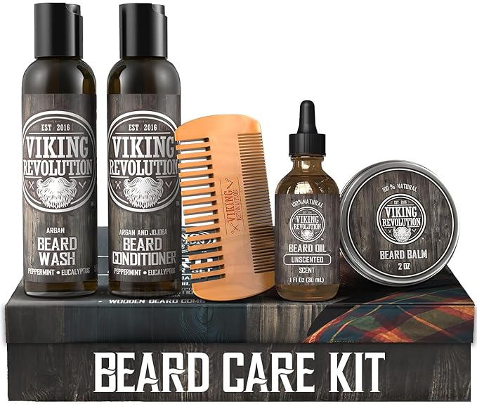 Beard Grooming Kit on display, featuring wash, conditioner, oil, balm, and comb with a soothing sandalwood scent.