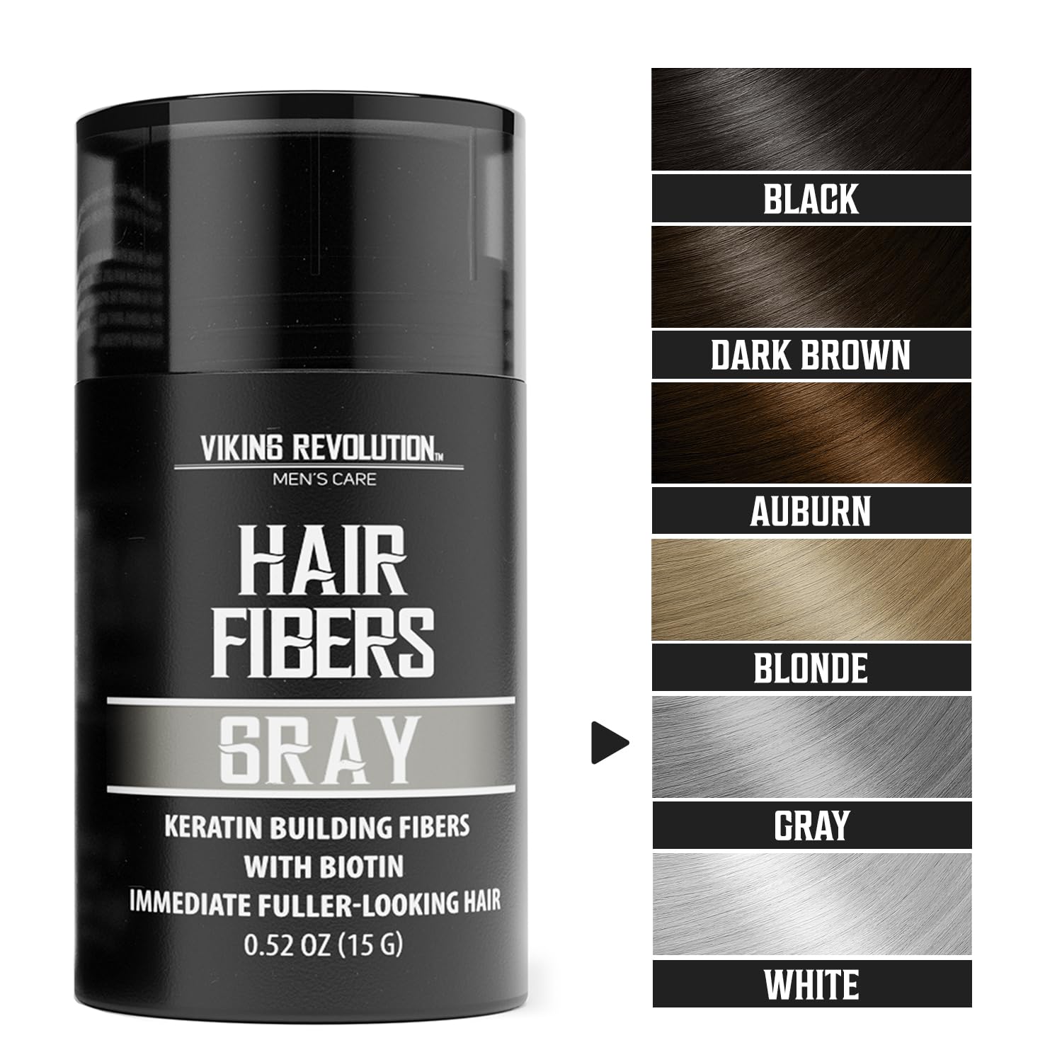Gray Hair Fibers for Thinning Hair in a black bottle, available in various colors: black, dark brown, auburn, blonde, gray, and white. Perfect for men looking to achieve fuller-looking hair.
