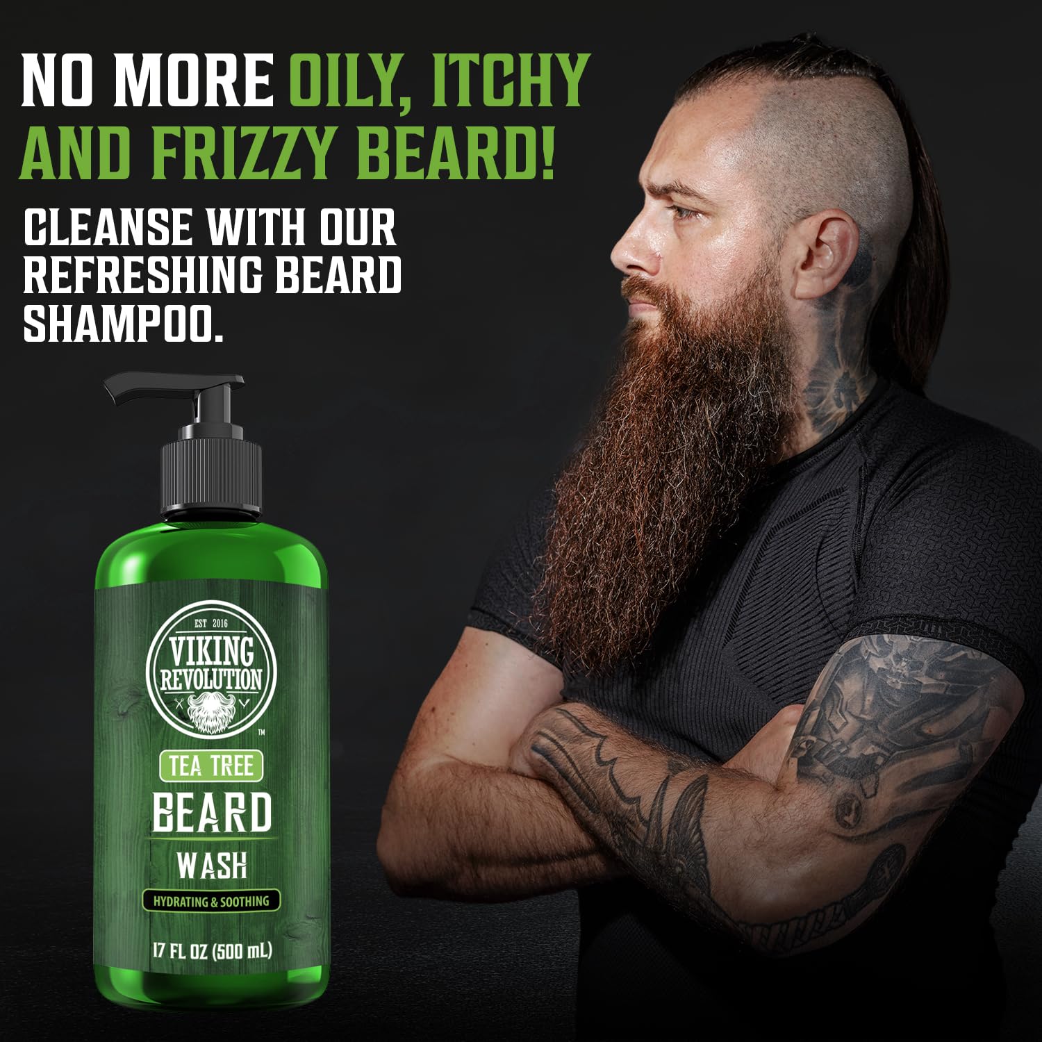 Tattooed man with long beard uses Tea Tree Beard Wash 17 oz for ultimate beard care.