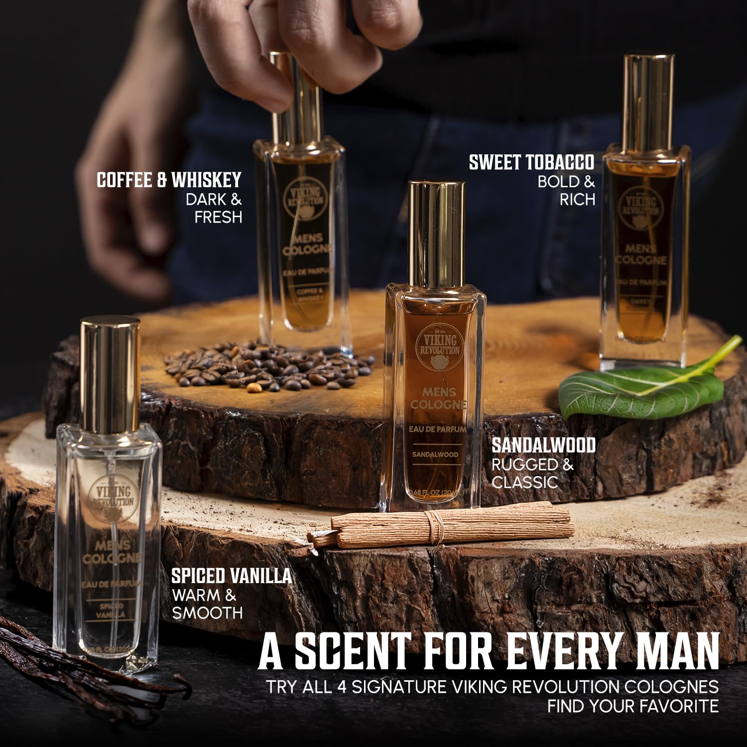 Four travel size colognes for men: sandalwood, spiced vanilla, coffee whiskey, sweet tobacco (4 pack).