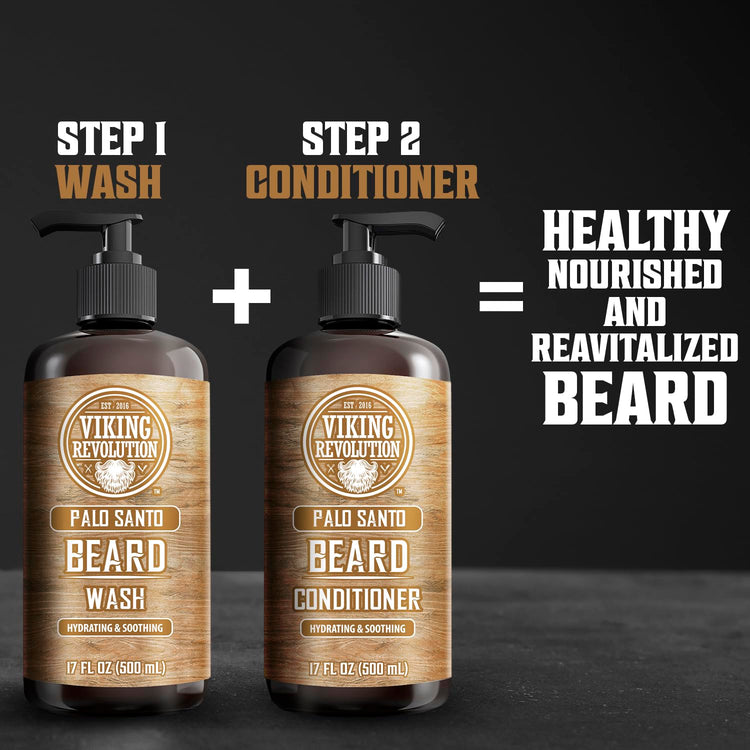 Two bottles of 17oz Palo Santo Beard Wash & Conditioner on a black surface.