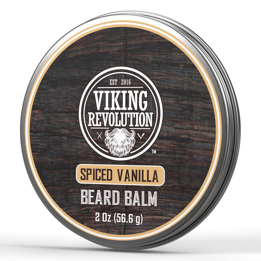 A 2 oz tin of Beard Balm by Viking Revolution in Spiced Vanilla, formulated with natural ingredients for excellent beard conditioning.