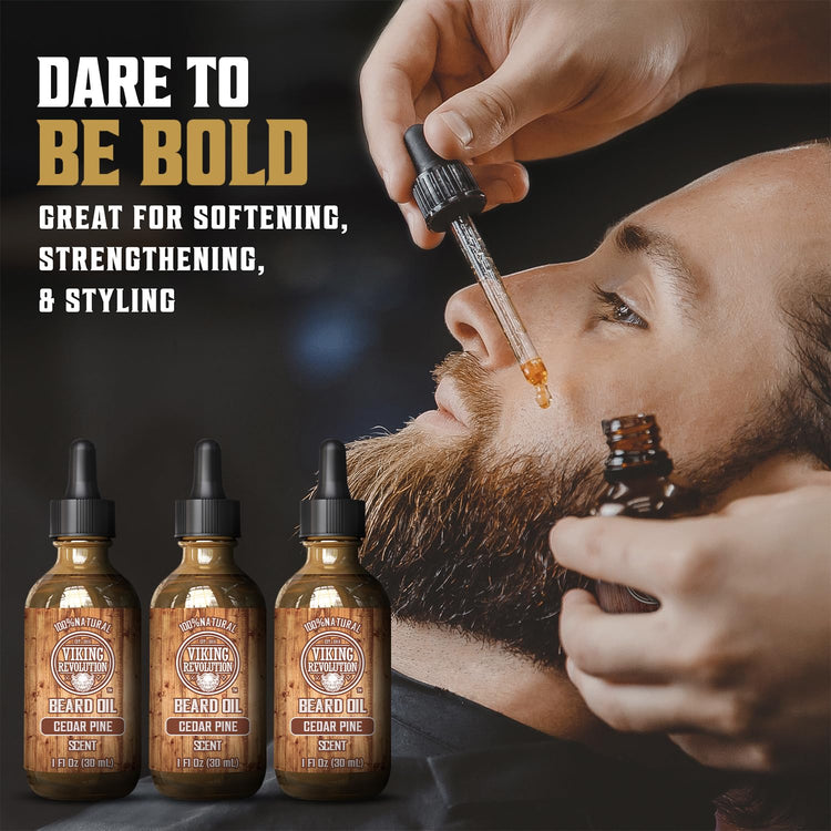 A man revels in the moment as he applies beard oil, with the cedar and pine fragrance enveloping the surroundings. In the foreground, three bottles of Cedar & Pine Beard Oil promise to keep his beard looking impeccable and well-nourished.