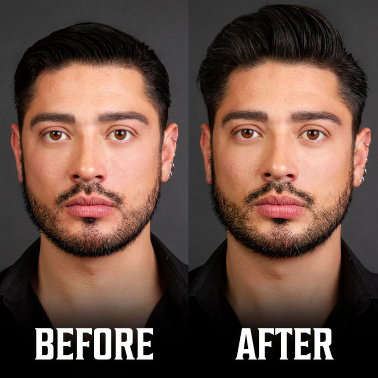 Before and after grooming with Hair Styling Powder for Men, subtle facial hair changes, matte finish.