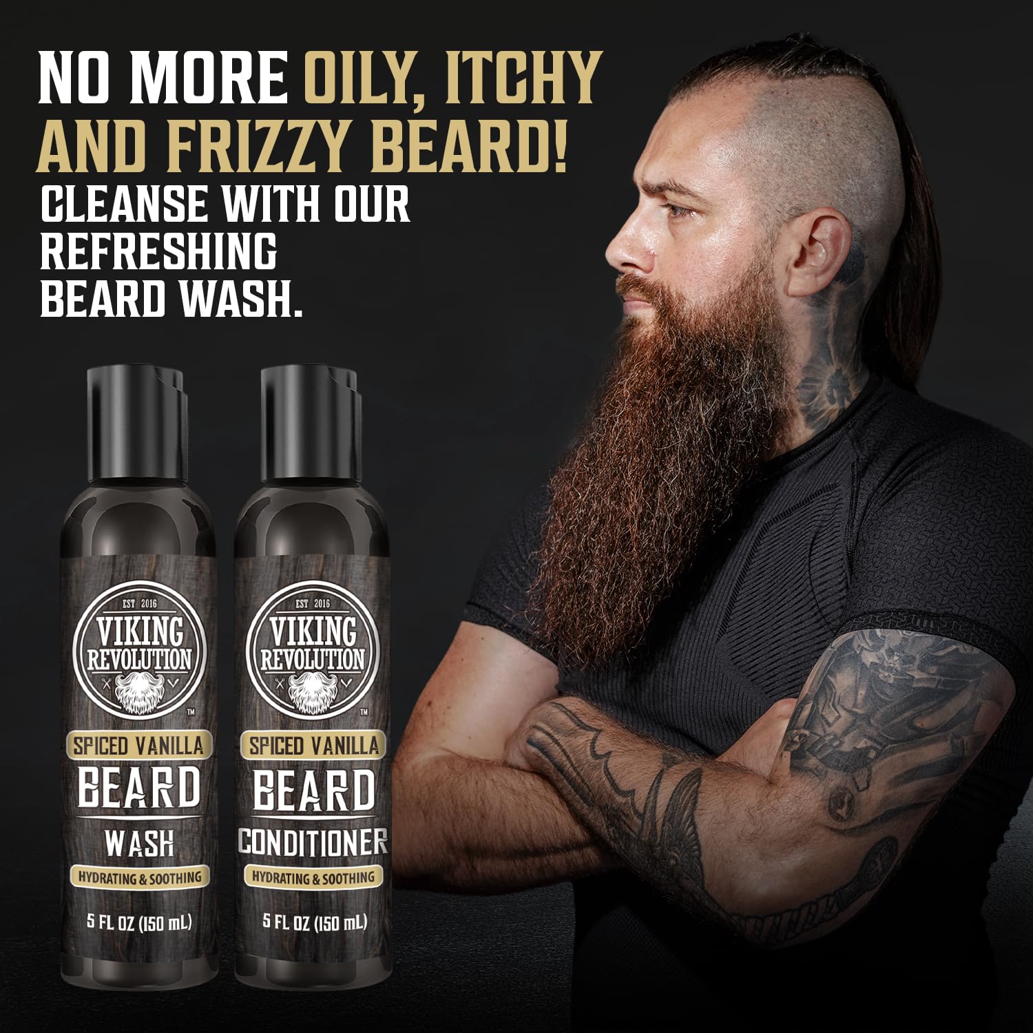 Tattooed bearded man showcases Beard Wash & Conditioner - Spiced Vanilla 5oz bottles.