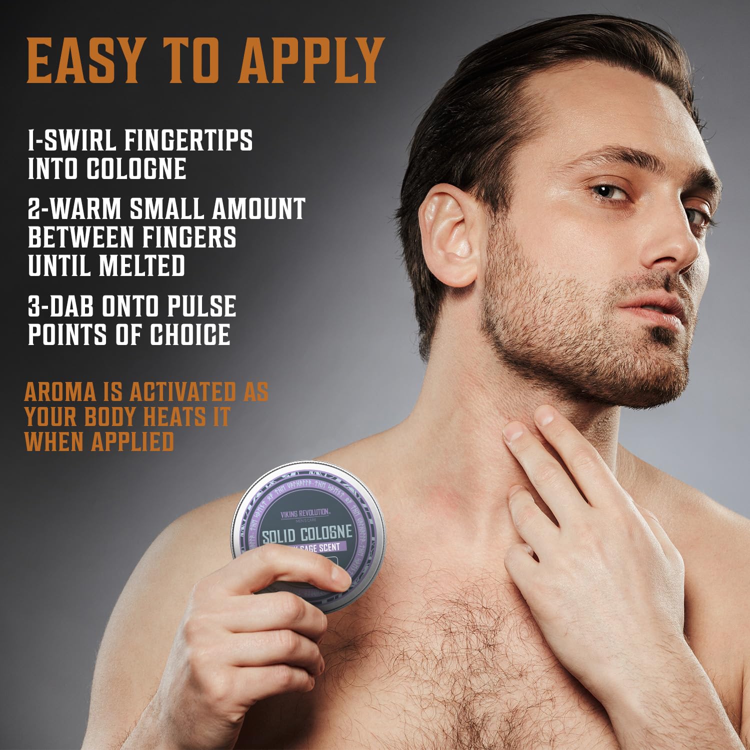 A man applies the Solid Cologne 2 Oz Single Clary Sage with concentration, carefully following the provided instructions. This masculine fragrance makes an ideal gift for men aiming to enhance their scent game in a subtle and stylish manner.
