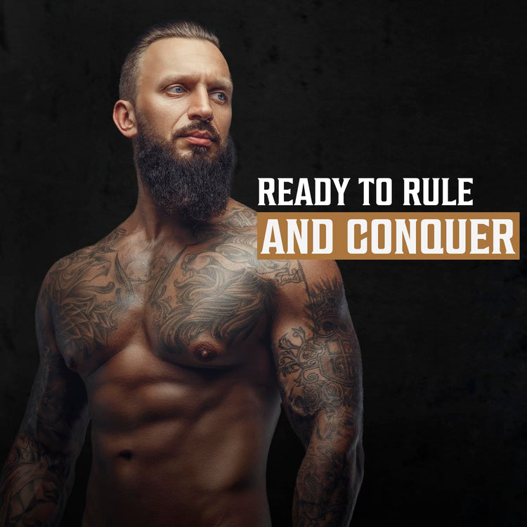 Tattooed shirtless man with a beard: Ready to Rule and Conquer with Palo Santo Beard Wash & Conditioner Set.