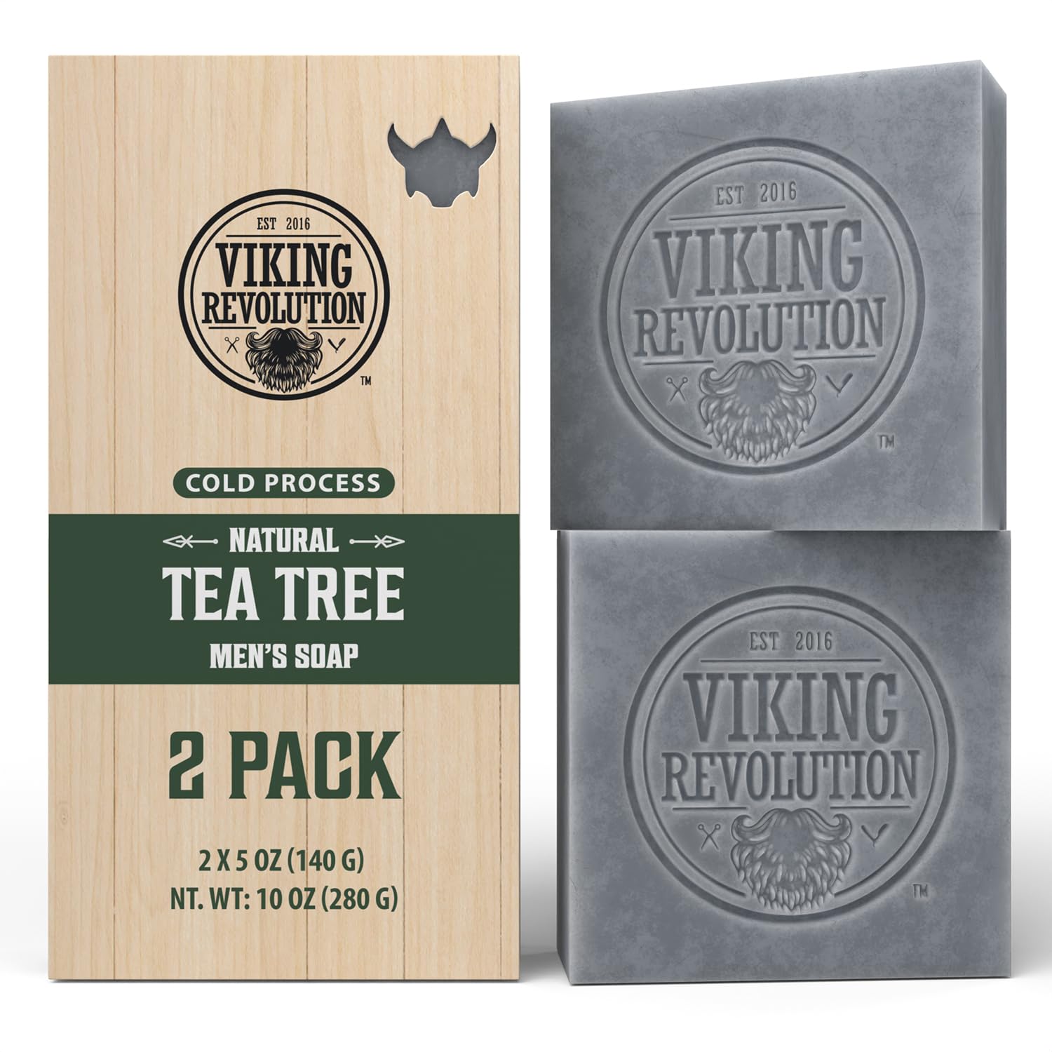 Viking Revolution Tea Tree Soap 2 Pack: cold process, eco-packaging, total 10 oz. Skin-soothing gray bars.