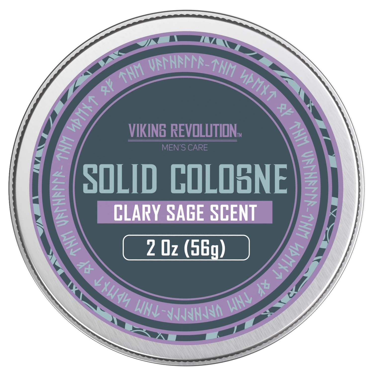 Round container labeled Solid Cologne 2 Oz Single Clary Sage. This masculine fragrance is the perfect gift for men.