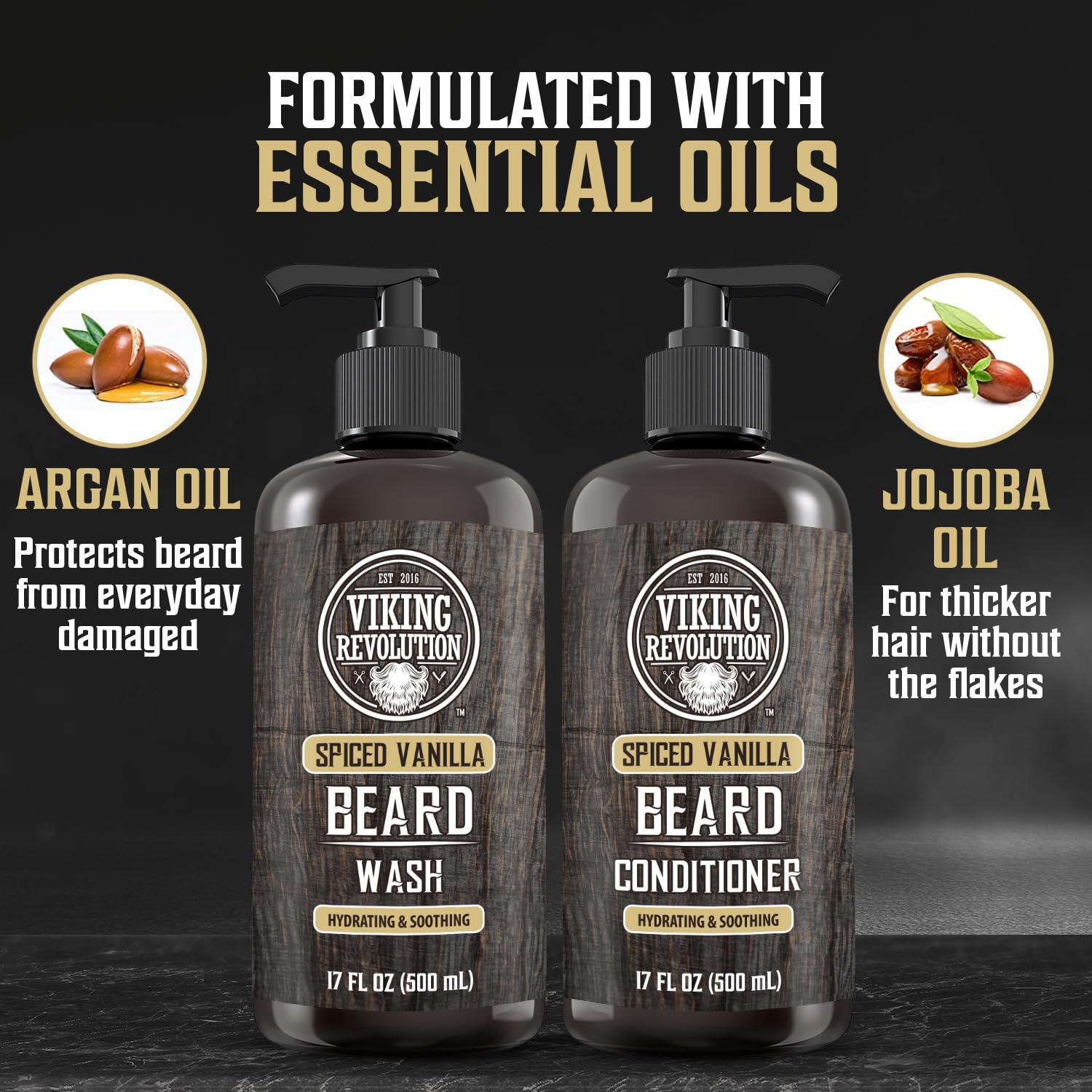 Two bottles of Viking Revolution Spiced Vanilla beard wash & conditioner with argan & jojoba oils for top care.