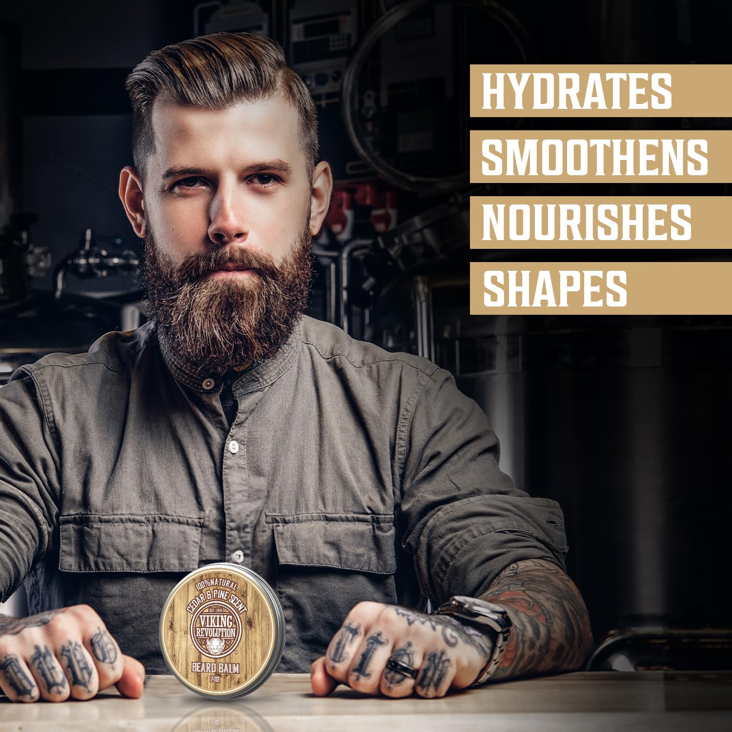 A tattooed man with a beard holds Cedar & Pine Beard Balm, crafted from organic ingredients; text reads Hydrates, Smoothens, Nourishes, Shapes.