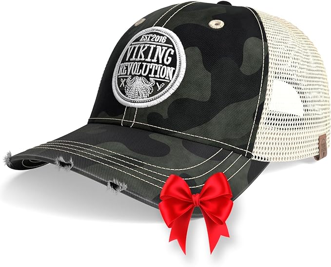 The camo trucker hat, designed with a Viking Revolution patch and accented by a red bow on the brim, stylishly combines rugged appeal with a hint of flair. Ideal for those in search of standout men's hats, this Trucker Hat for Men Baseball Cap - Camouflage is perfect for making an impression in any setting.