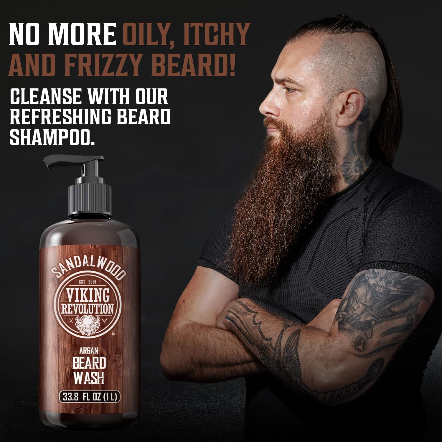 Tattooed man with a beard stands by Sandalwood Beard Wash 33.8 fl oz, perfect for facial hair care.