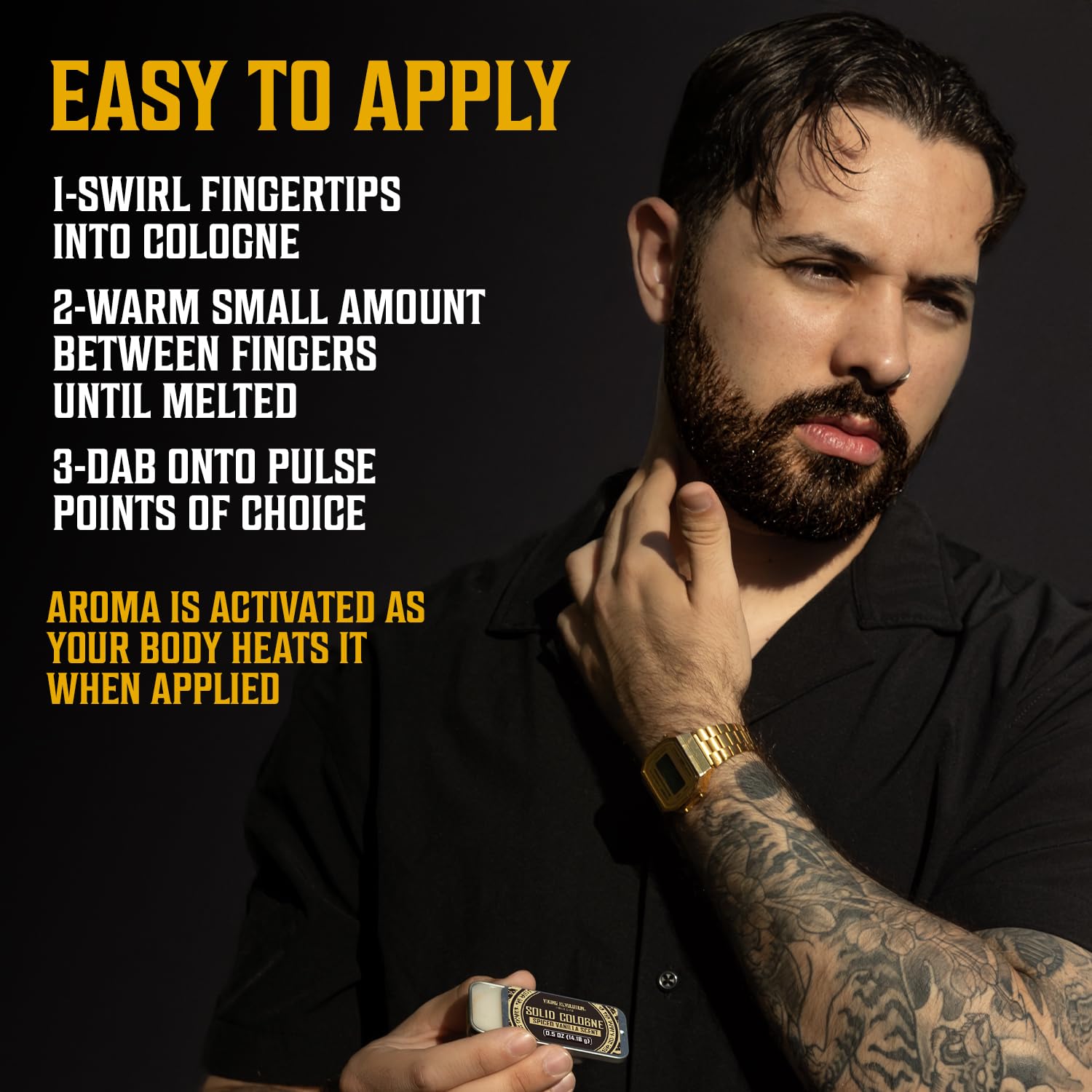 Man applying Solid Cologne 12pk for Men, with bold instructions beside him; includes 12 travel scents.