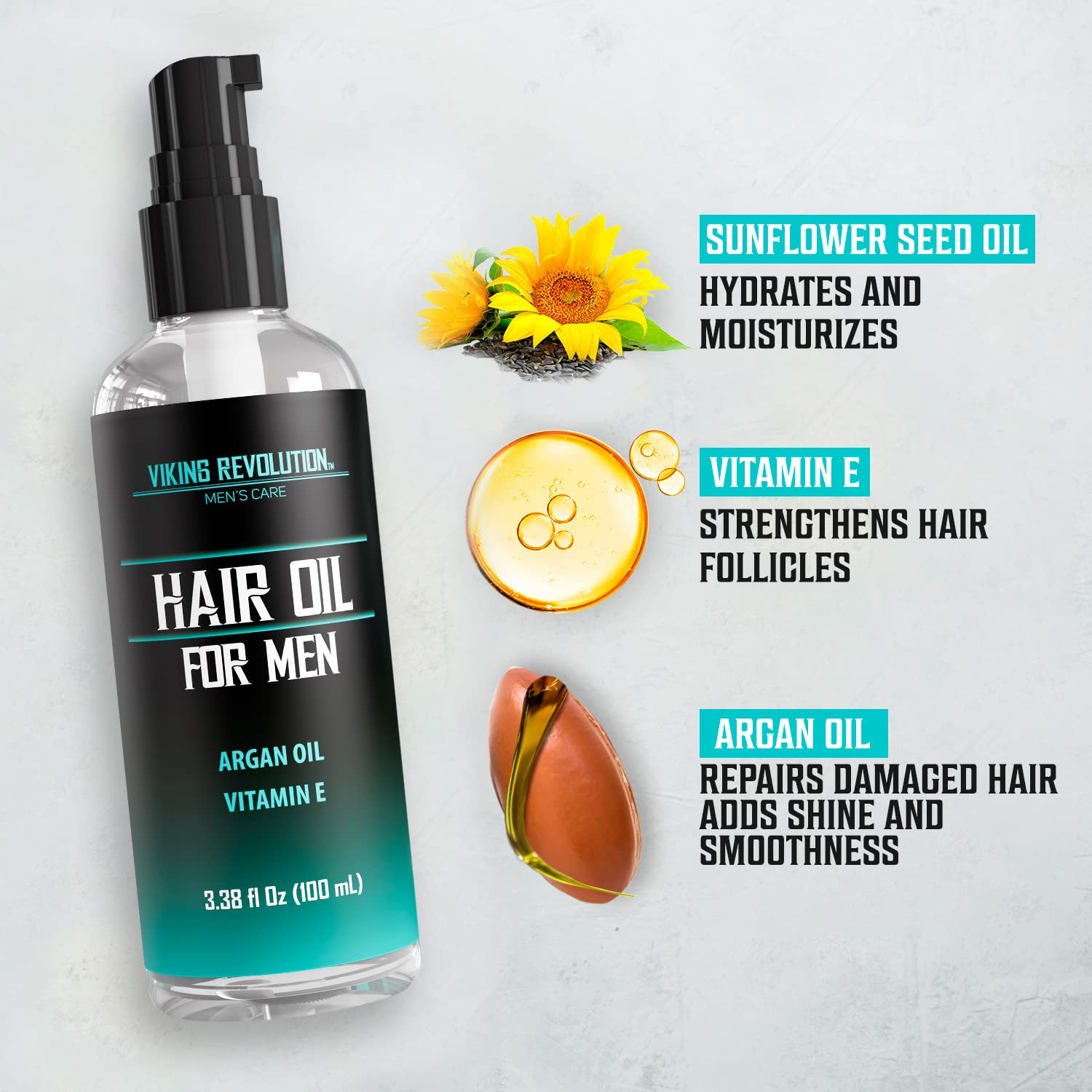 Hydrating Hair Oil for Men featuring a hair growth formula enriched with argan oil, vitamin E, and sunflower seed oil benefits displayed on the bottle.