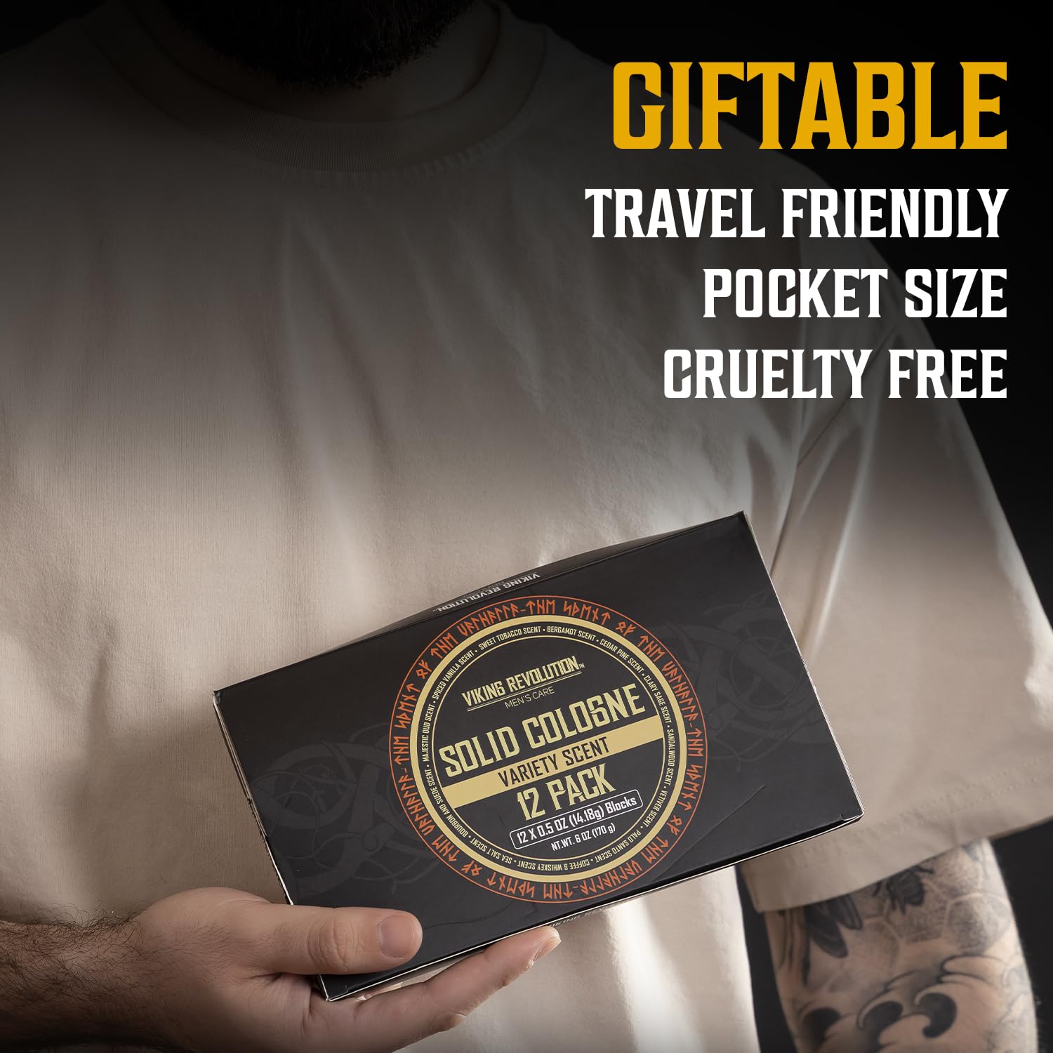 Person holding a Solid Cologne 12pk for Men box; gift-ready, cruelty-free travel scents like Sandalwood.