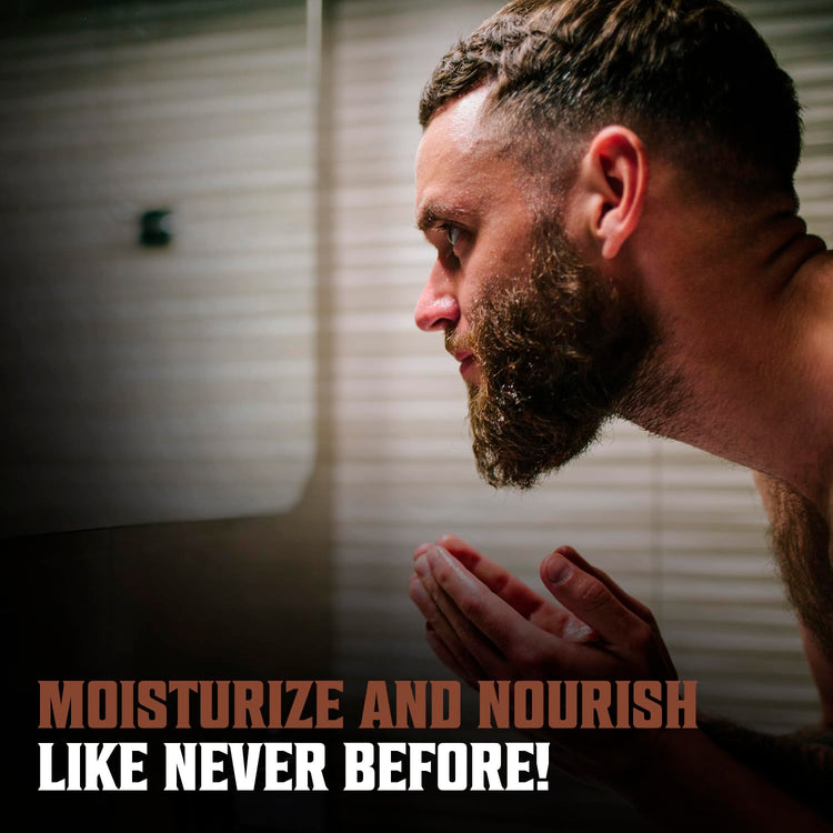 Man with beard using Sandalwood Beard Conditioner 33.8 fl oz, text reads Moisturize and Nourish Like Never Before!.