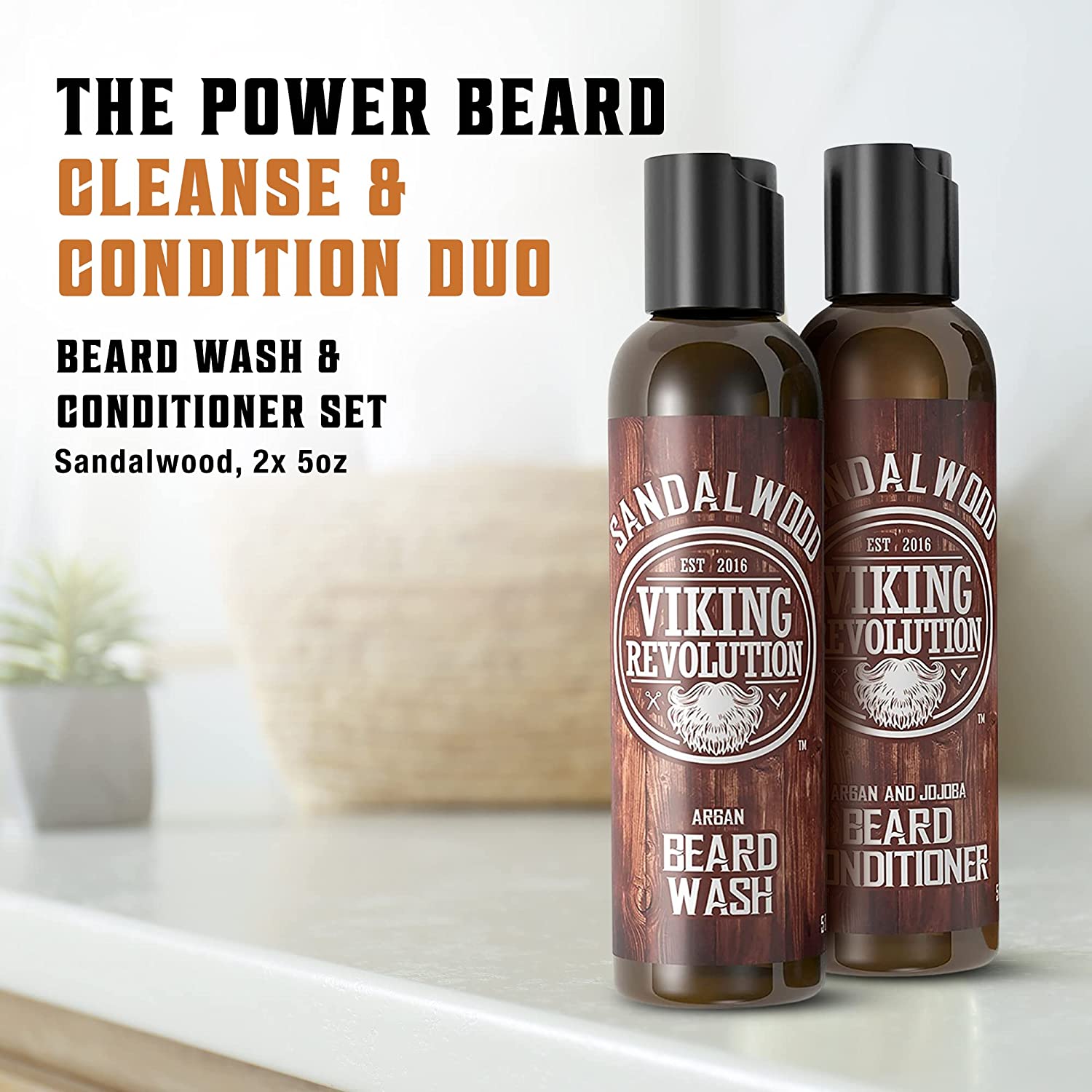 Two bottles of Viking Revolution Sandalwood Beard Wash & Conditioner Set (5oz) on a bathroom counter.