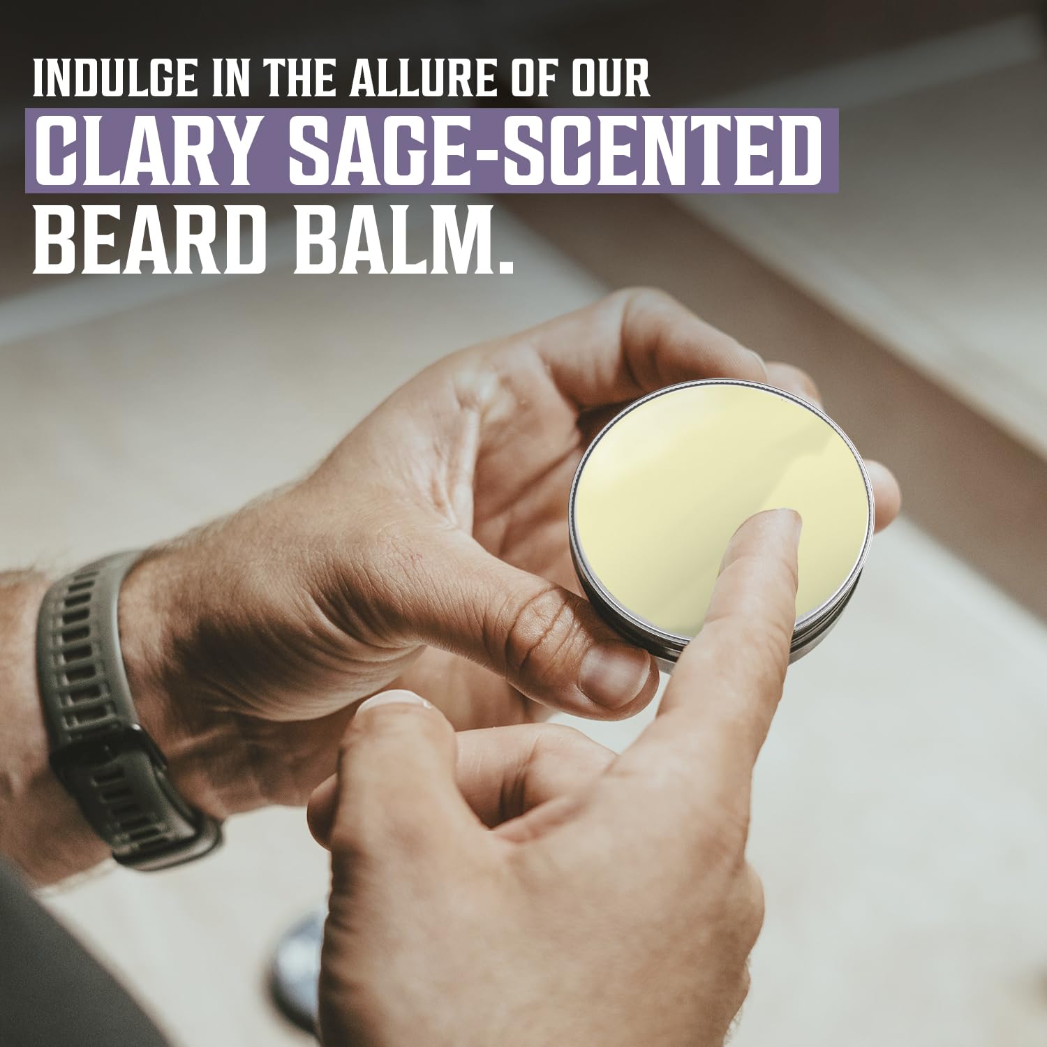 Hands holding Clary Sage Beard Balm tin, fingers testing its natural ingredients.
