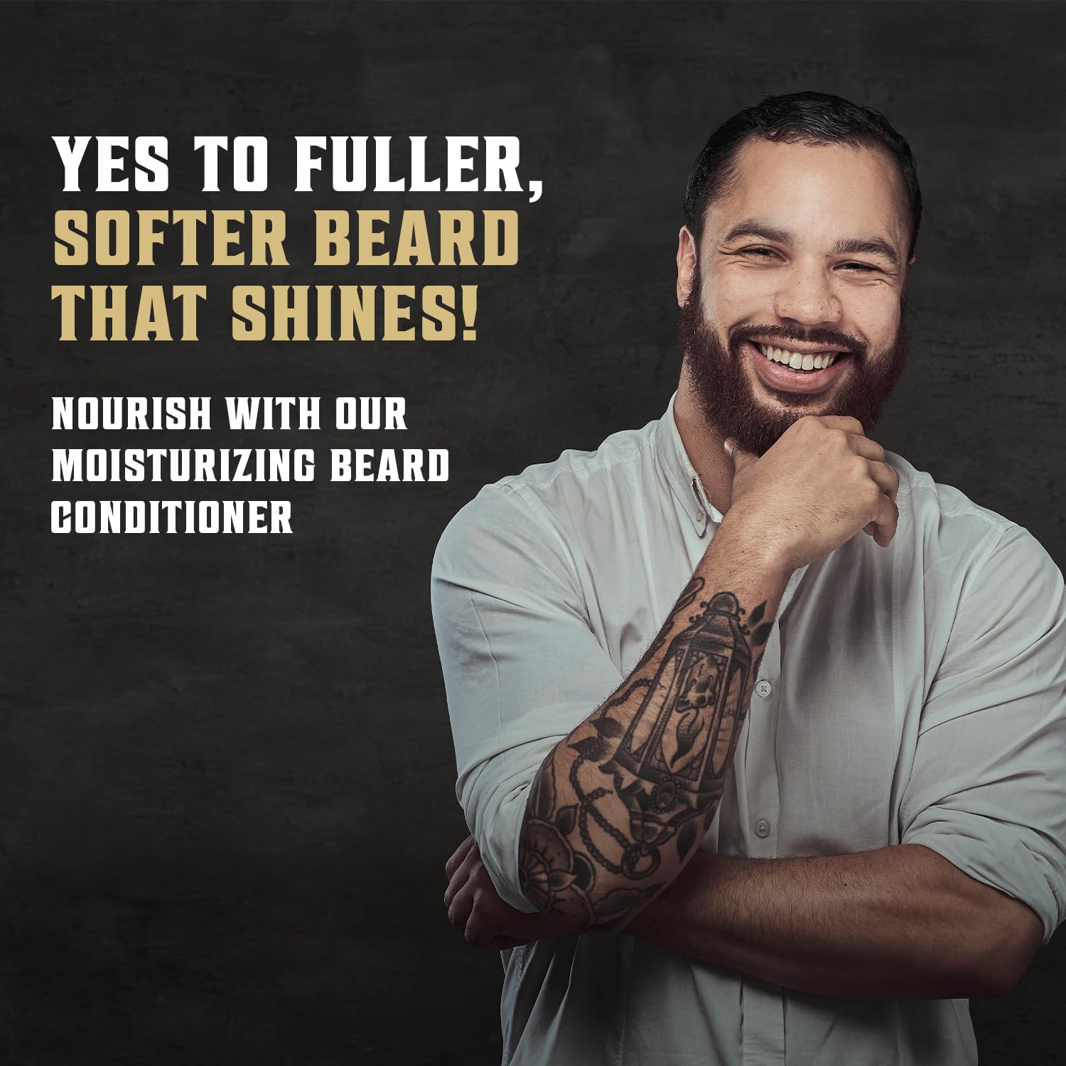 Bearded man smiling; text promotes a moisturizing 5oz Spiced Vanilla Beard Wash & Conditioner on dark background.