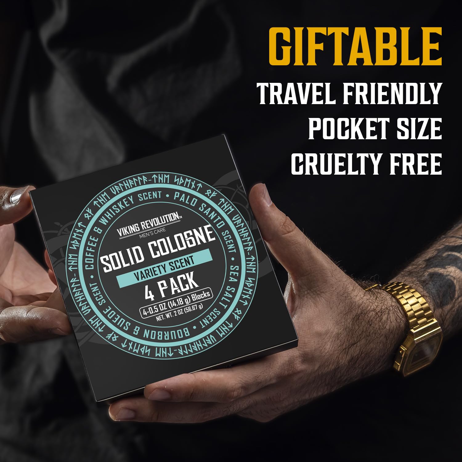 Hands holding Viking Revolution 4 Pack Solid Cologne; giftable, travel size, cruelty free for men.