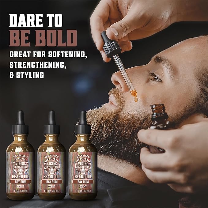 Image of a man using Bay Rum Beard Oil; text reads Dare to Be Bold with benefits of natural beard care.