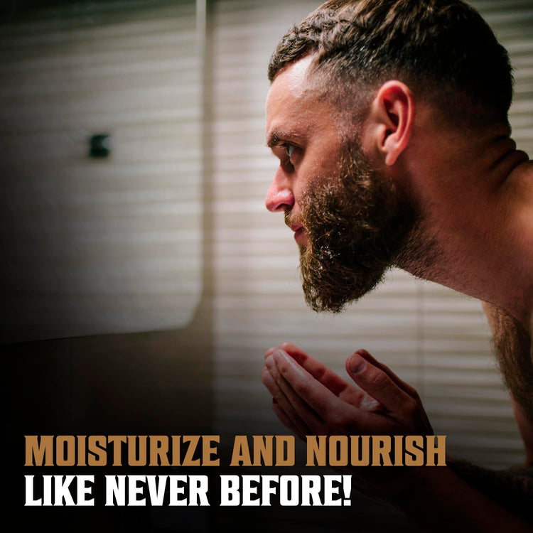 Man using Palo Santo Beard Wash & Conditioner Set, text reads Moisturize and Nourish Like Never Before!.