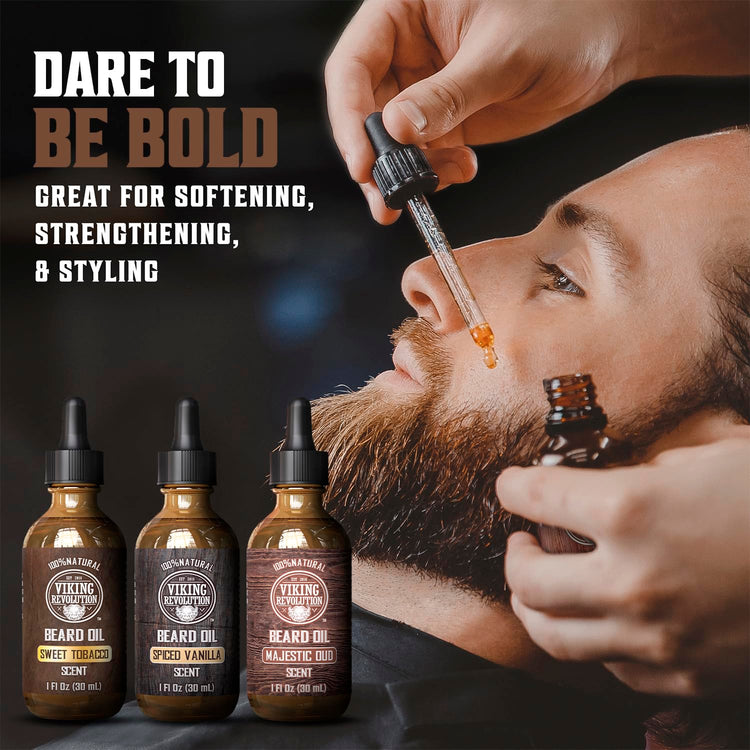 A man savors beard care with the 3 Pack Beard Oil Mix, featuring argan & jojoba oils for frizz-free benefits.