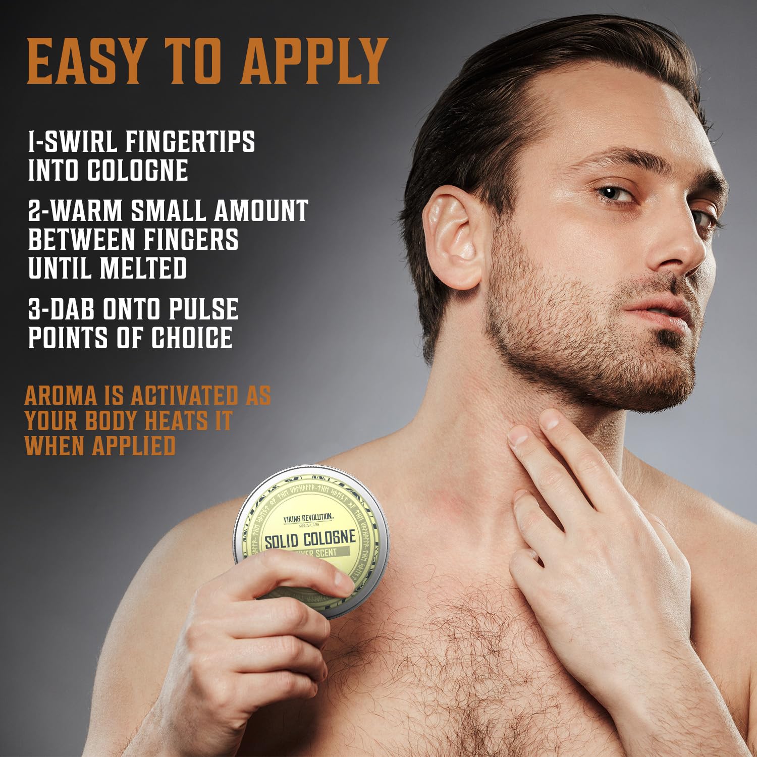 A man holding Solid Cologne 2 Oz Single Vetiver with application instructions on the side, the perfect gift for men who appreciate a refined fragrance.